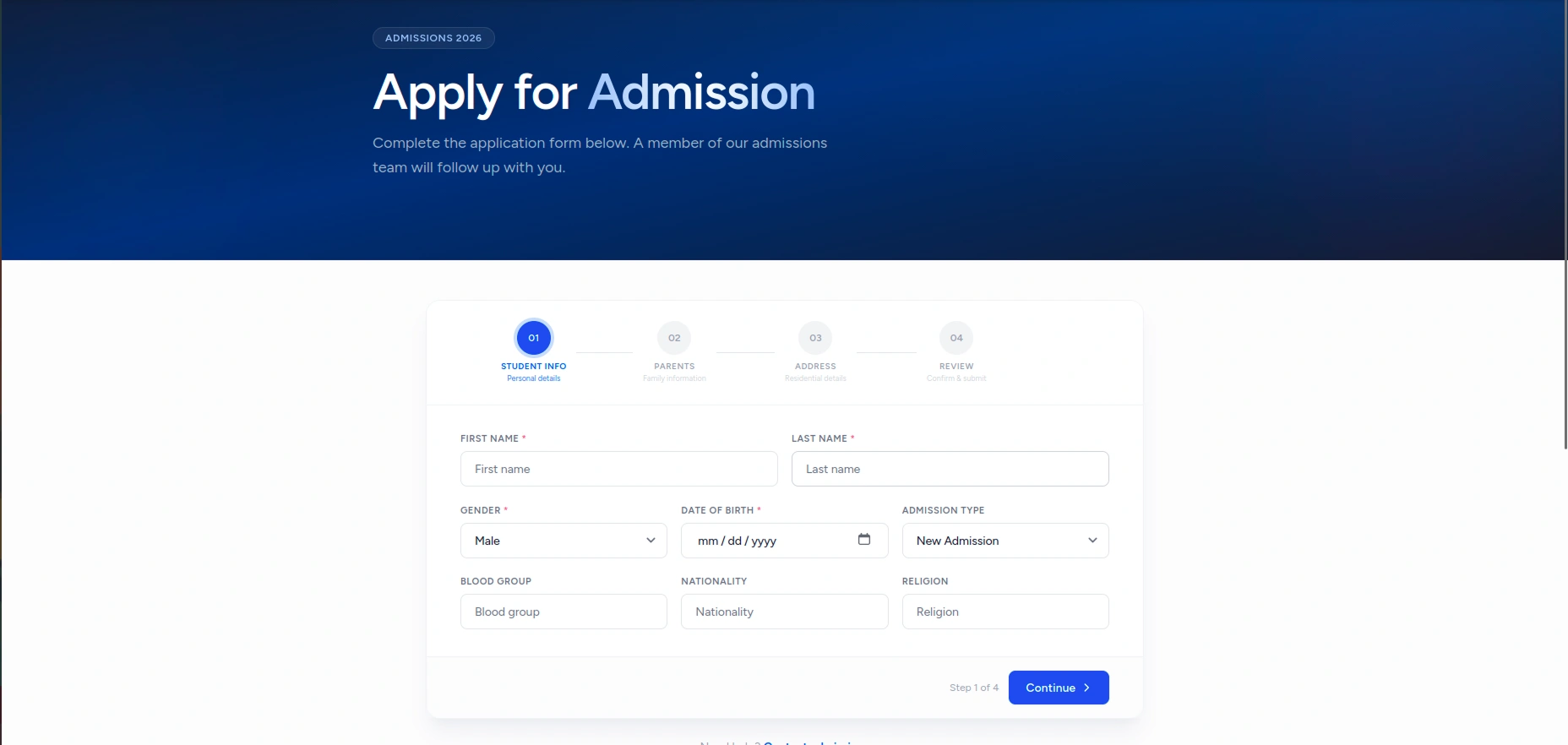 ClassKnot Admissions Page